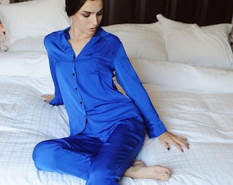 Pyjamas en soie manches longues - Vêtements de nuit en soie - Pyjamas en soie pour demoiselles d'honneur - Nuisette en soie - Chemise de nuit pour femmes - Pyjamas de mariée - Pyjamas en soie pour femmes