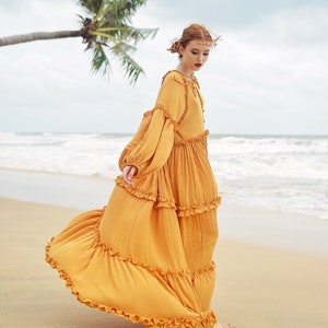 Boho Dress Full Length Long Sleeves Dress Linen Beach Dress image 2