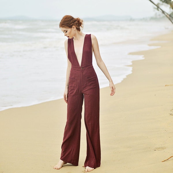 Linen Jumpsuit Overall - Pinafore Jumpsuit Women - Long Jumpers for Women
