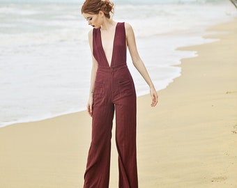 Linen Jumpsuit Overall - Pinafore Jumpsuit Women - Long Jumpers for Women