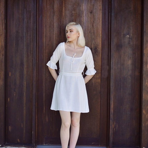 Short Linen Dress - Sleeves Linen Dress - Summer Cotton Dress - White Organic Cotton