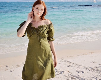 Vestido de lino con hombros descubiertos - Ropa de mujer primavera verano - Vestidos midi de mujer