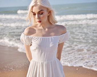 Linen Dress with Sleeves - Midi Linen Dress - Casual Cotton Dress - White Linen Dress