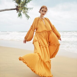 Boho Dress Full Length Long Sleeves Dress Linen Beach Dress image 9