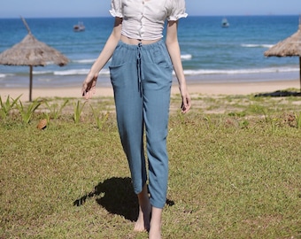 Linen Pants - Linen Trousers - Elastic waist Linen Pants