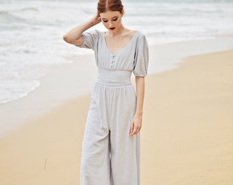 Overalls Damen Leinen - Jumpsuit Sommer - mit Ärmel - Lange Hosen