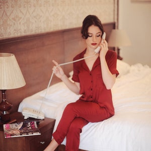 Silk Pajamas Set Women Women Burgundy Pajamas Silk Sleep Sets Lelasilk image 1