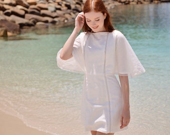 White Short Linen Dress - with white trim details