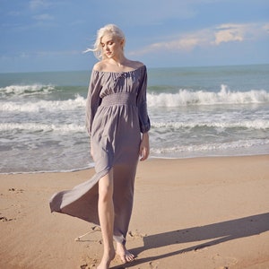 Off-shoulder Linen Dress - Long Sleeves Dress - Comfy FloorLength Dress - Natural Fabric