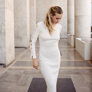 Crewneck Knit Dress - Handmade Dress - Long Sleeve White Dress