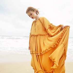 Boho Dress Full Length Long Sleeves Dress Linen Beach Dress image 3