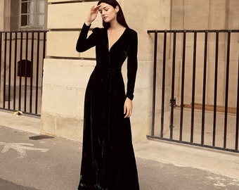 Wedding Guest Dress - Formal Dresses Velvet Women - Evening Ball Gown - Velvet Dress Long Sleeve - Bridesmaid Dress Wrap