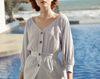 Linen Top - Women Summer Top - Linen Blouse Buttons