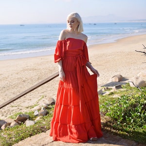 Maxi Silk Dress - Long Beach Dress - Women Off-shoulder Maxi Silk Dress - Boho Silk Dress