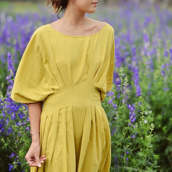 Robe en coton plissée - Robe d'été en coton - Robe midi pour femme