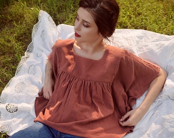 Linen Top with Sleeves - Linen Tunic - Natural Fabric Blouse - Casual Womens Shirt