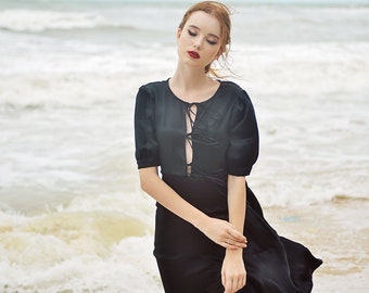 Black Silk Slip Dress - Pure Silk Dress - Women Silk Midi Dress