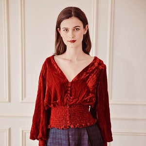 Velvet Blouse Long Sleeve - Velvet Top Elastic Waist - Tops Women