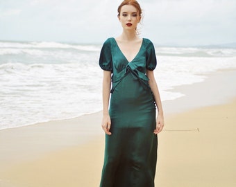 Maxi Silk Dress - Emerald Silk Dress - Silk Dress with Sleeves - Bridesmaids Silk Dress - Long Silk Gown