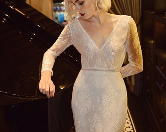 Lace Simple Bridal Gown - Lace Wedding Dress - Lace Mermaid Dress with Train