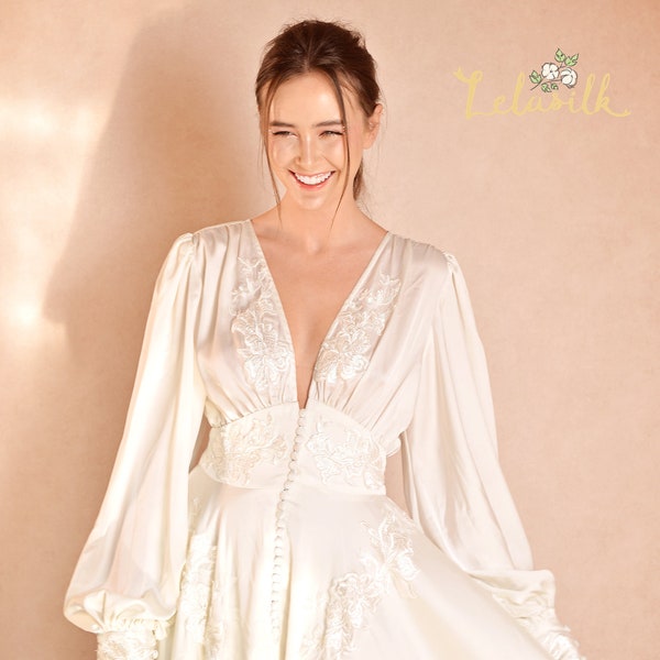 Bruidszijden jurk - Boho trouwjurk - Zijden trouwjurk
