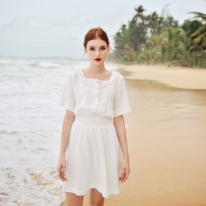 Cotton Mini Dress - White Linen Dress - Summer White Dress - Square neck - Short Sleeves - Button Down