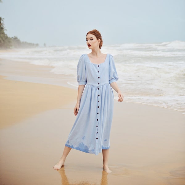 Linen Dress Midi Blue - Linen Dress with Pockets - Half Sleeve Dress - Women Linen Dress - Cotton Mid-calf Dress