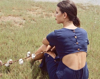 Robe en coton à dos nu - Robe en lin et coton - Robe boutonnée en coton - Vêtements en coton biologique