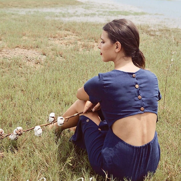 Vestido de algodón con espalda abierta - Vestido de algodón de lino - Vestido de algodón con botones - Ropa de algodón orgánico