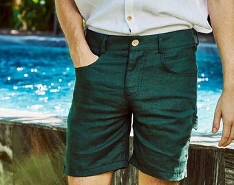 Linen shorts for men - Button shorts with pockets - Linen clothes for men