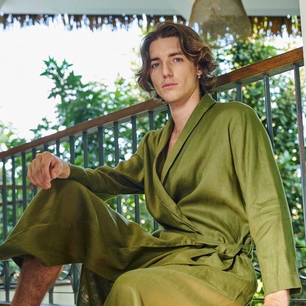 Linen Robe for Men - Handmade Jacket for man - Plus size Housecoat - Gift for him