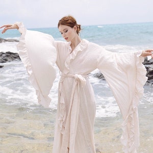 Kimono Robe Women - Linen Gauze Long Robe - Floor Length Gown - Long Dressing Gown - Long Sleeve Wedding Robe