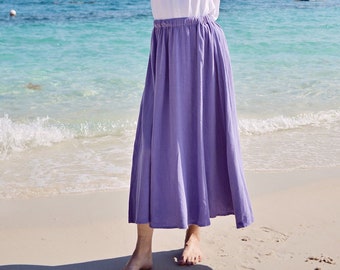 Linen Skirt Midi Length with Elastic Waist in Lilac