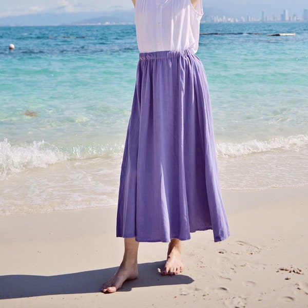 Linen Skirt Midi Length with Elastic Waist in Lilac