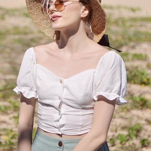 Linen Crop Top with Sleeves - Cotton Summer Top - White Cotton Top