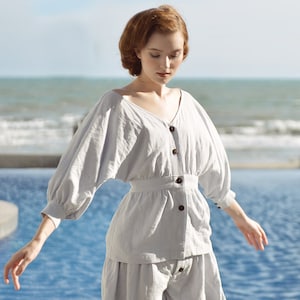Linen Top Women Summer Top Linen Blouse Buttons image 2