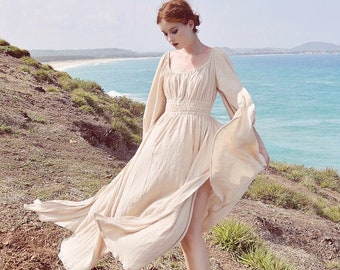 Linen Dress Midi - Summer Dress with Sleeves - Linen Dress Elastic Waist - Womens Clothing