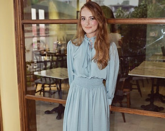Silk Dress - Blue Silk Dress - Midi Silk Dress