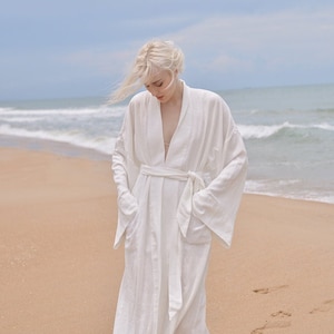 Women Linen Robe with Pockets - White Linen Long Robe - Organic Cotton Robes - Women Linen Robe