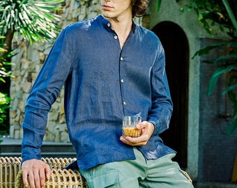 Camicia blu da uomo - Camicie di lino da uomo - Camicia di lino leggera con bottoni