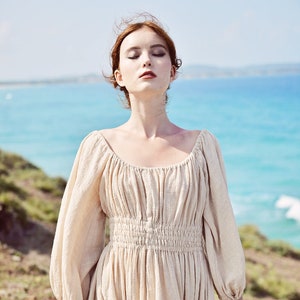 Linen Midi Dress Gauze - Boho clothing Women - Elastic waist plus size with Sleeve