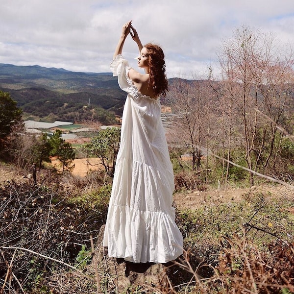 Cotton Nightgown Loungewear Women - Castle Core- Long Sleeves Cotton Dress - Cotton Dress Maxi