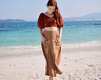 Linen Skirt Elastic Waist - Midi Cotton Skirt - Below Knee Linen Skirt - Mid-calf Linen Cotton Skirt