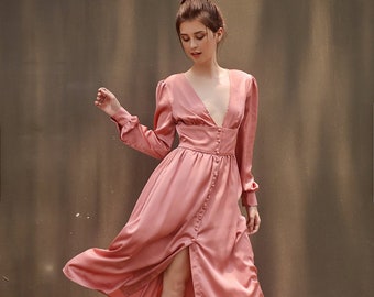 Button Silk Dress - Women Midi Dress - Silk Prom Dress
