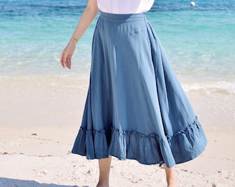 Linen Midi Skirt Womens - Ruffles hem Skirt - Blue Skirt Summer