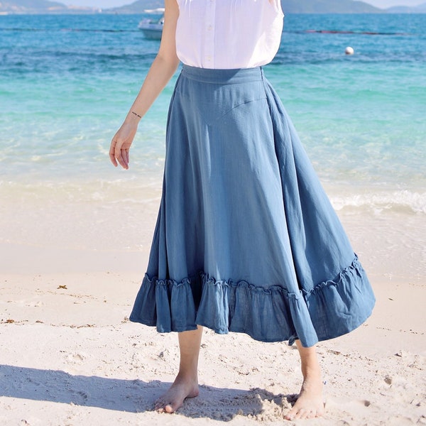 Linen Midi Skirt Womens - Ruffles hem Skirt - Blue Skirt Summer