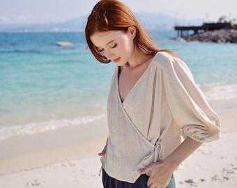 Linen Wrap Shirt - Wrap Tops Womens - Elbow Sleeve Blouse