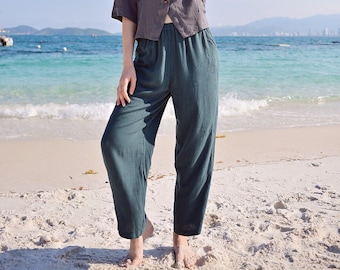 Linen Cullotes Pants - Elastic Waist - Linen Long Pants - Long Loose Pants - Women Linen Trousers