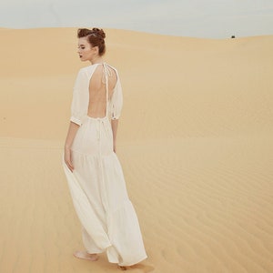 White Linen Dress - Linen Dress Maxi - Backless Cotton Dress - Open back