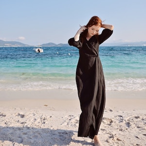 Linen Wrap Dress - Dresses Long Wrap Dress - Black Wraparound Maxi